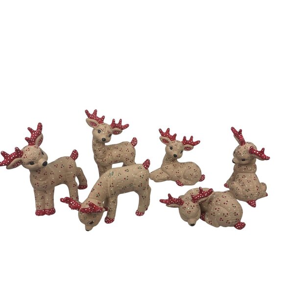 Set Of 6 Handcrafted Ceramic Reindeer Figurines Red Antlers & Floral Vintage - Picture 1 of 16